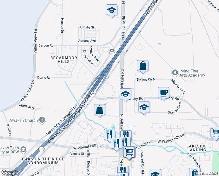 map of restaurants, bars, coffee shops, grocery stores, and more near 4700 North Belt Line Road in Irving
