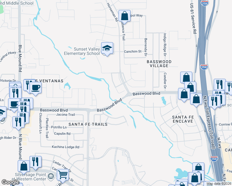 map of restaurants, bars, coffee shops, grocery stores, and more near 7333 Lowline Drive in Fort Worth