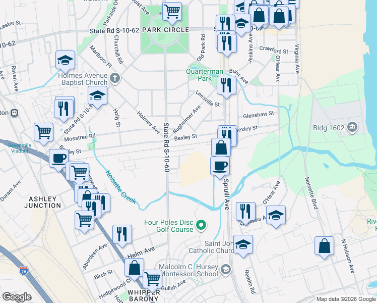 map of restaurants, bars, coffee shops, grocery stores, and more near 1165 Rome Lane in North Charleston