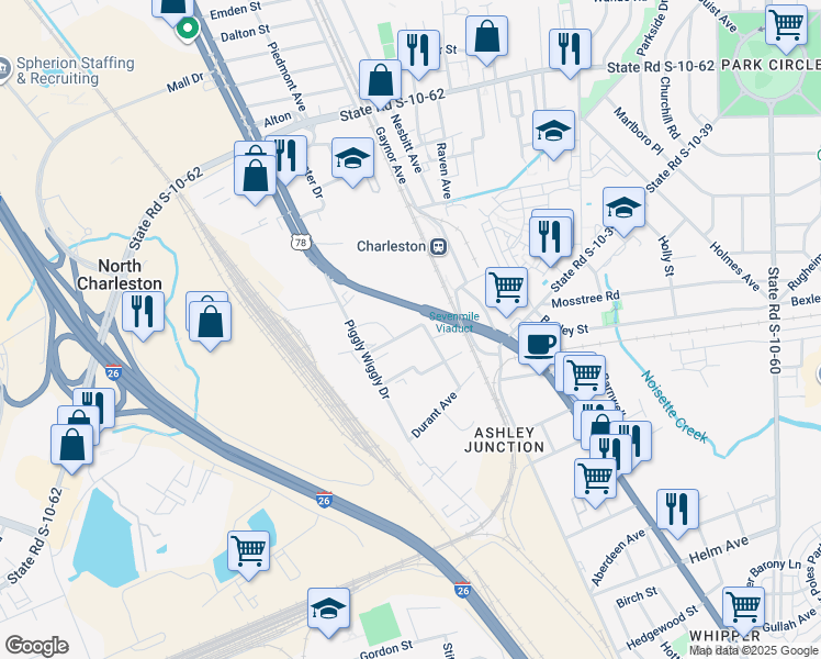 map of restaurants, bars, coffee shops, grocery stores, and more near 2149 West Jimtown Drive in North Charleston