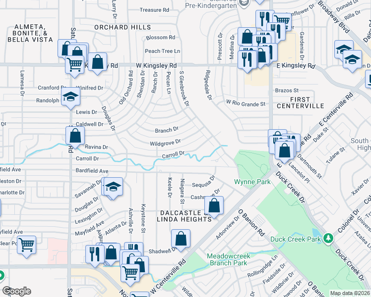 map of restaurants, bars, coffee shops, grocery stores, and more near 709 Carroll Drive in Garland