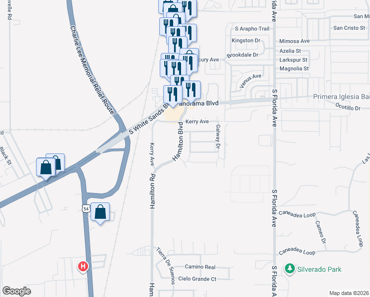 map of restaurants, bars, coffee shops, grocery stores, and more near 1455 Hamilton Road in Alamogordo
