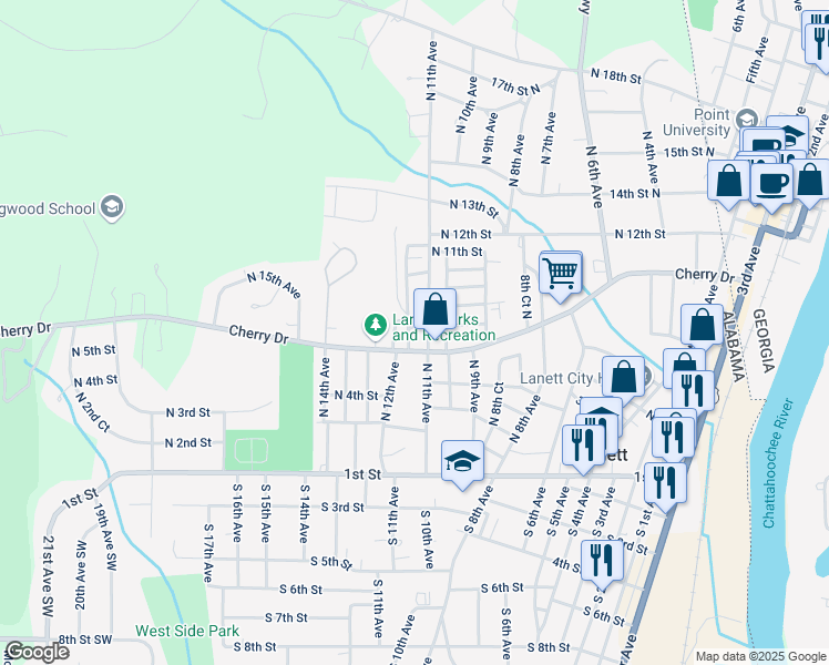 map of restaurants, bars, coffee shops, grocery stores, and more near 1216-1220 Cherry Drive in Lanett