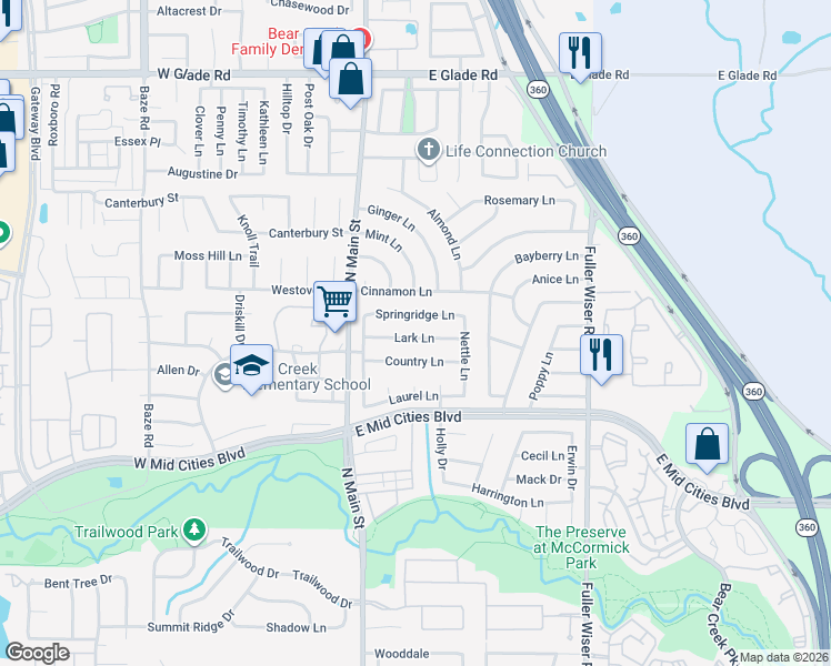 map of restaurants, bars, coffee shops, grocery stores, and more near 210 Lark Lane in Euless