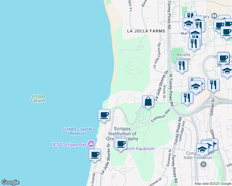 map of restaurants, bars, coffee shops, grocery stores, and more near 9046 La Jolla Shores Lane in San Diego