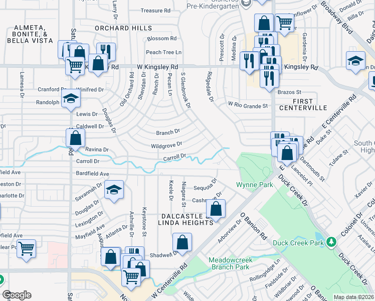 map of restaurants, bars, coffee shops, grocery stores, and more near 709 Carroll Drive in Garland