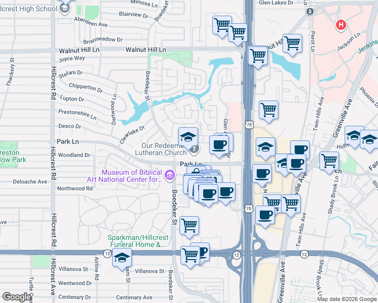 map of restaurants, bars, coffee shops, grocery stores, and more near 7611 Park Lane in Dallas