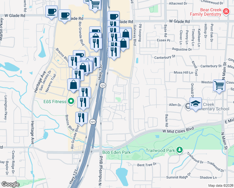 map of restaurants, bars, coffee shops, grocery stores, and more near 2500 State Highway 121 in Euless
