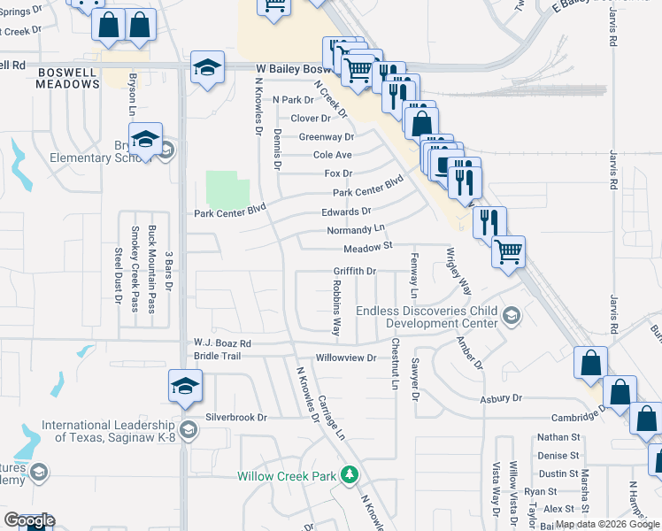 map of restaurants, bars, coffee shops, grocery stores, and more near 960 Robbins Way in Saginaw