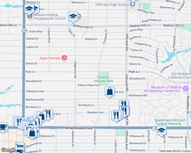 map of restaurants, bars, coffee shops, grocery stores, and more near 6539 Woodland Drive in Dallas