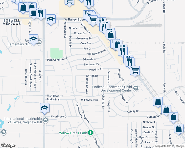 map of restaurants, bars, coffee shops, grocery stores, and more near 536 Griffith Drive in Saginaw
