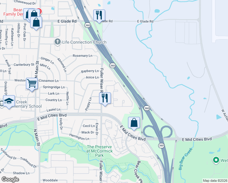 map of restaurants, bars, coffee shops, grocery stores, and more near 2525 Texas 360 in Euless