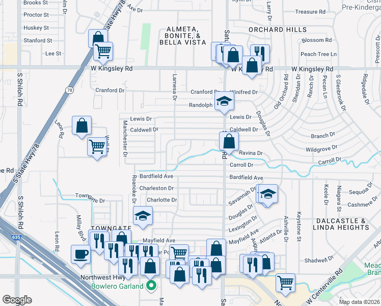 map of restaurants, bars, coffee shops, grocery stores, and more near 3512 Galaxie Drive in Garland