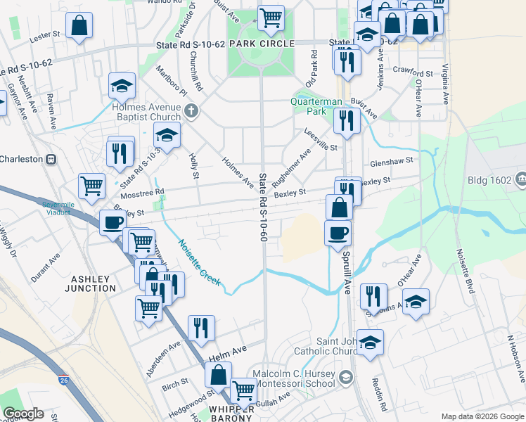 map of restaurants, bars, coffee shops, grocery stores, and more near 4250 South Rhett Avenue in North Charleston