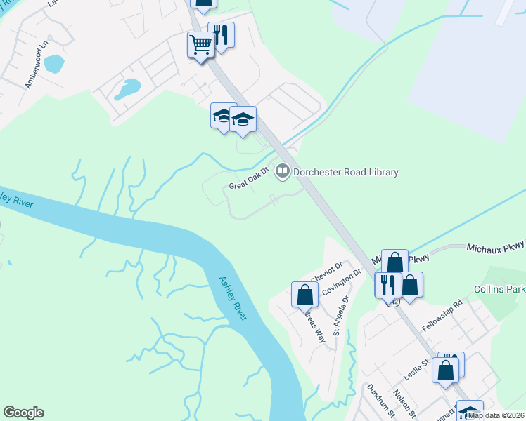 map of restaurants, bars, coffee shops, grocery stores, and more near 4407 Great Oak Drive in North Charleston