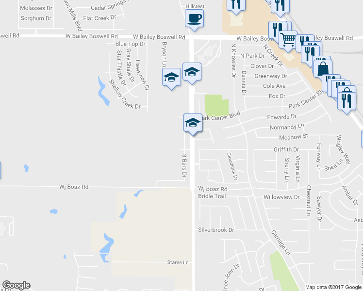 map of restaurants, bars, coffee shops, grocery stores, and more near 8325 3 Bars Drive in Fort Worth