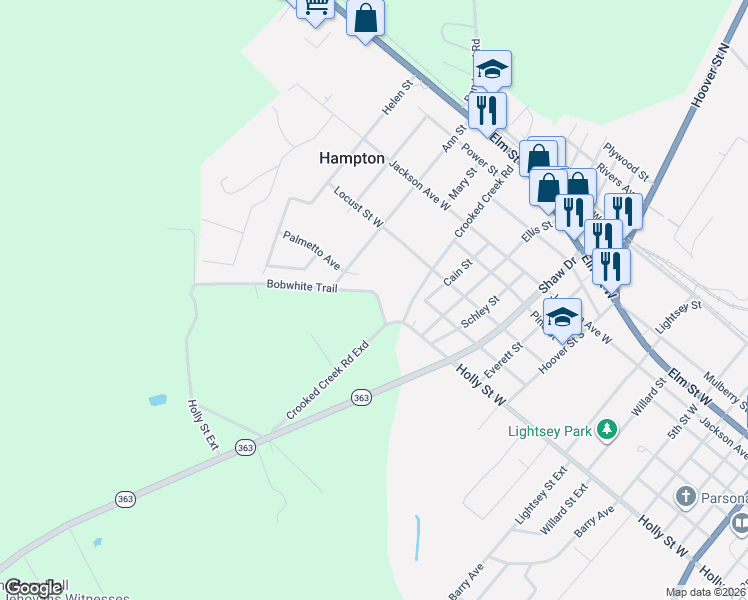map of restaurants, bars, coffee shops, grocery stores, and more near Bobwhite Trail in Hampton