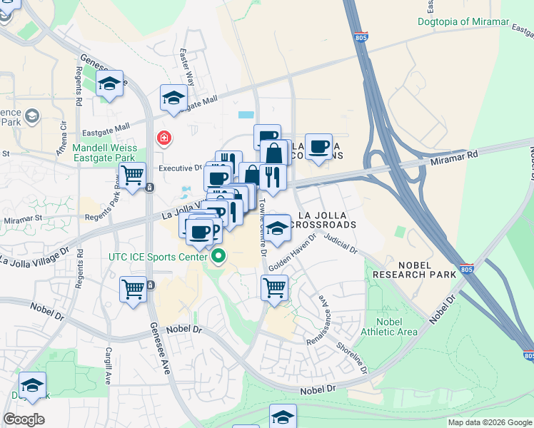 map of restaurants, bars, coffee shops, grocery stores, and more near 9169 Towne Centre Drive in San Diego