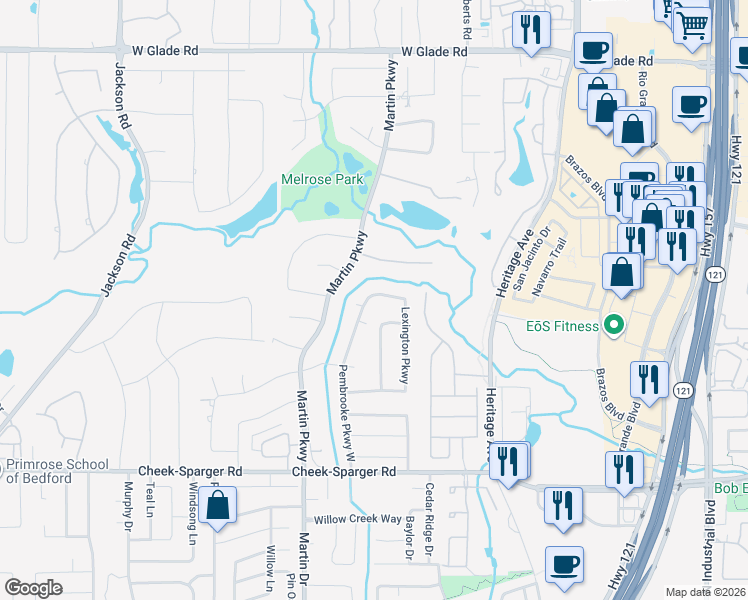 map of restaurants, bars, coffee shops, grocery stores, and more near 4305 Pembrooke Parkway South in Colleyville