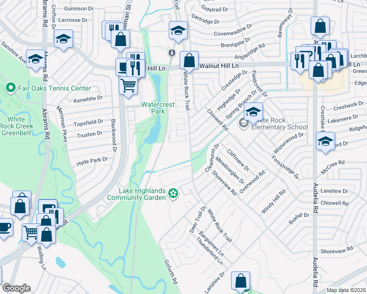 map of restaurants, bars, coffee shops, grocery stores, and more near 9271 White Rock Trail in Dallas
