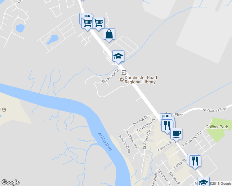 map of restaurants, bars, coffee shops, grocery stores, and more near 4347 Great Oak Drive in North Charleston
