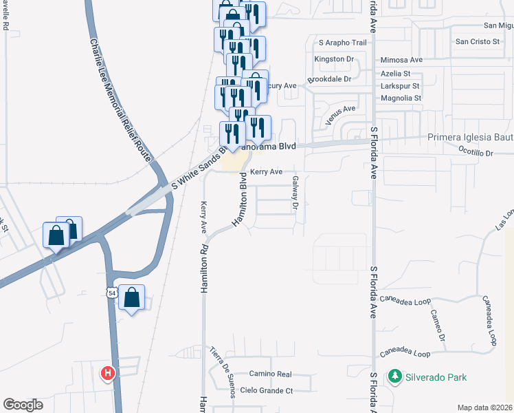 map of restaurants, bars, coffee shops, grocery stores, and more near 1455 Hamilton Road in Alamogordo