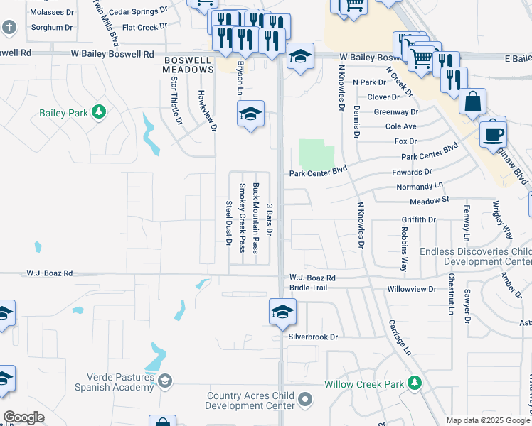 map of restaurants, bars, coffee shops, grocery stores, and more near 8405 3 Bars Drive in Fort Worth