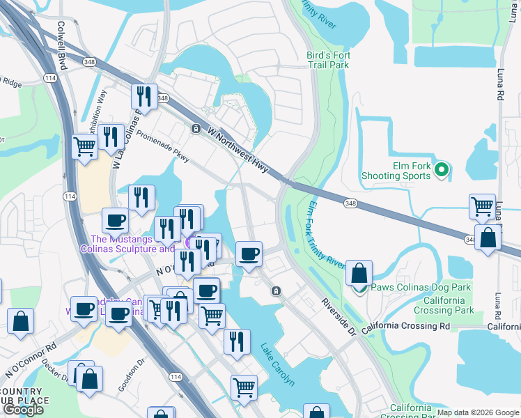 map of restaurants, bars, coffee shops, grocery stores, and more near 901 Lake Carolyn Parkway in Irving