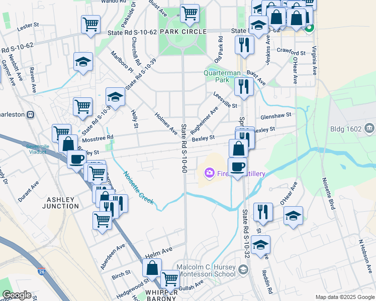 map of restaurants, bars, coffee shops, grocery stores, and more near 4250 South Rhett Avenue in North Charleston