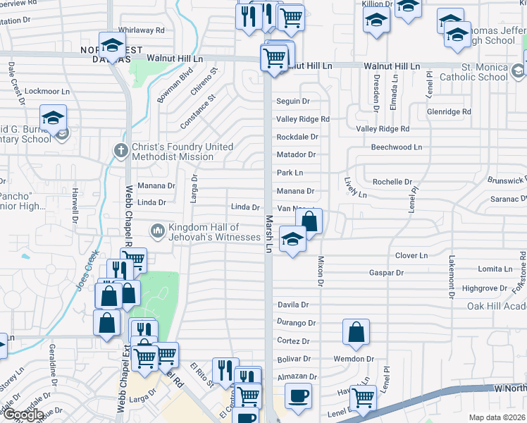 map of restaurants, bars, coffee shops, grocery stores, and more near 3655 La Joya Drive in Dallas