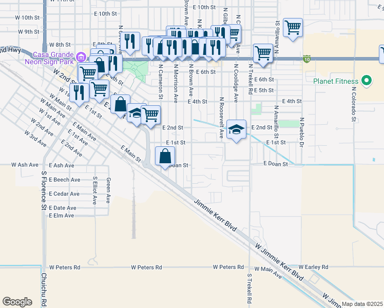 map of restaurants, bars, coffee shops, grocery stores, and more near 50 North Brown Avenue in Casa Grande
