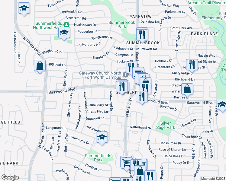 map of restaurants, bars, coffee shops, grocery stores, and more near 7312 Whitewood Drive in Fort Worth