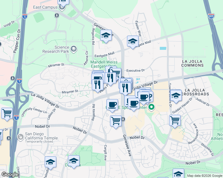 map of restaurants, bars, coffee shops, grocery stores, and more near 4240 La Jolla Village Drive in San Diego