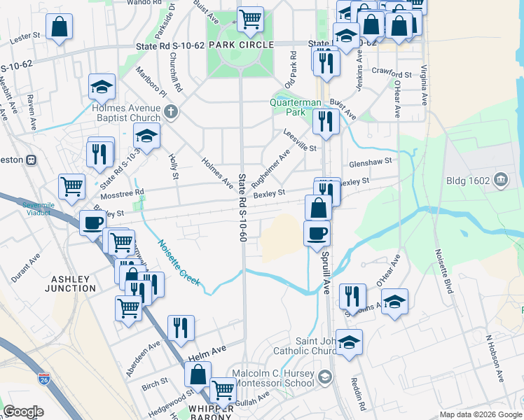 map of restaurants, bars, coffee shops, grocery stores, and more near 4250 South Rhett Avenue in North Charleston