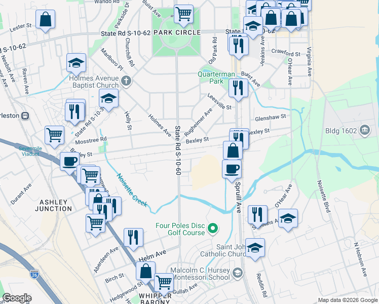 map of restaurants, bars, coffee shops, grocery stores, and more near 4250 South Rhett Avenue in North Charleston