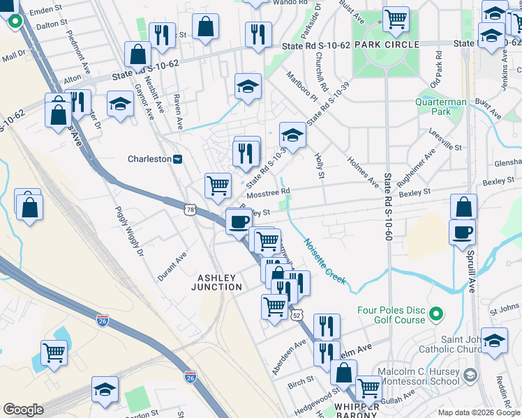 map of restaurants, bars, coffee shops, grocery stores, and more near 1555 Bexley Street in North Charleston