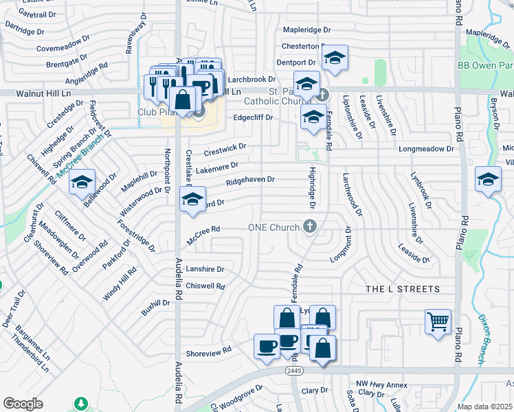 map of restaurants, bars, coffee shops, grocery stores, and more near 10006 Shadyview Drive in Dallas