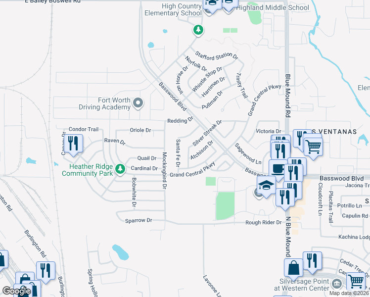 map of restaurants, bars, coffee shops, grocery stores, and more near 911 Santa Fe Drive in Saginaw