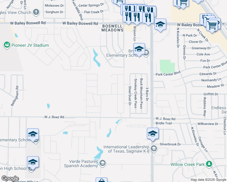 map of restaurants, bars, coffee shops, grocery stores, and more near 4824 Wj Boaz Road in Fort Worth