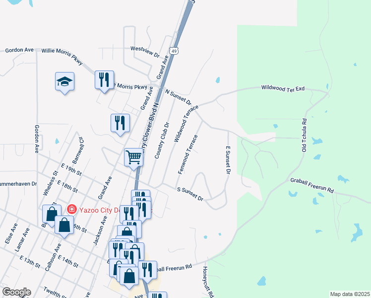 map of restaurants, bars, coffee shops, grocery stores, and more near 2019 Fenwood Terrace in Yazoo City