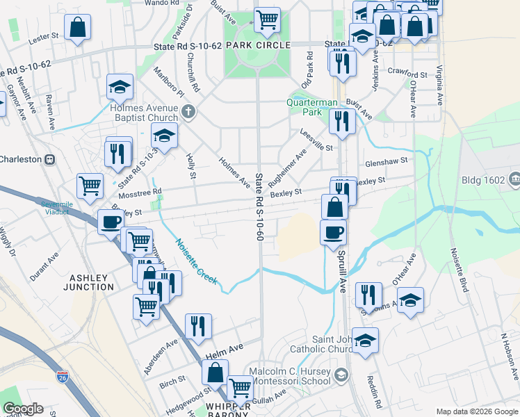 map of restaurants, bars, coffee shops, grocery stores, and more near 4250 South Rhett Avenue in North Charleston