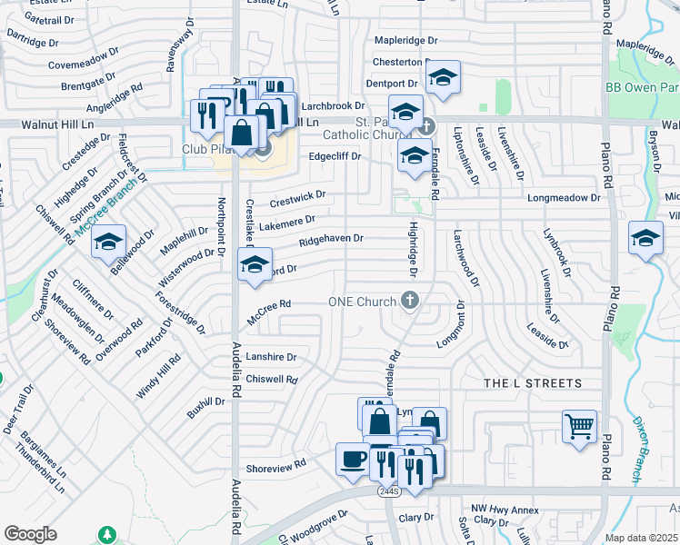 map of restaurants, bars, coffee shops, grocery stores, and more near 10006 Shadyview Drive in Dallas