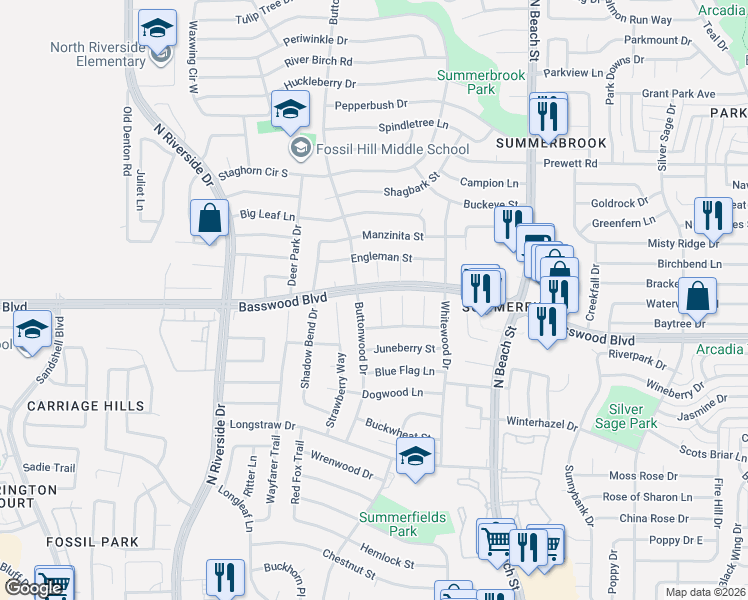 map of restaurants, bars, coffee shops, grocery stores, and more near 7308 Bristlecone Court in Fort Worth