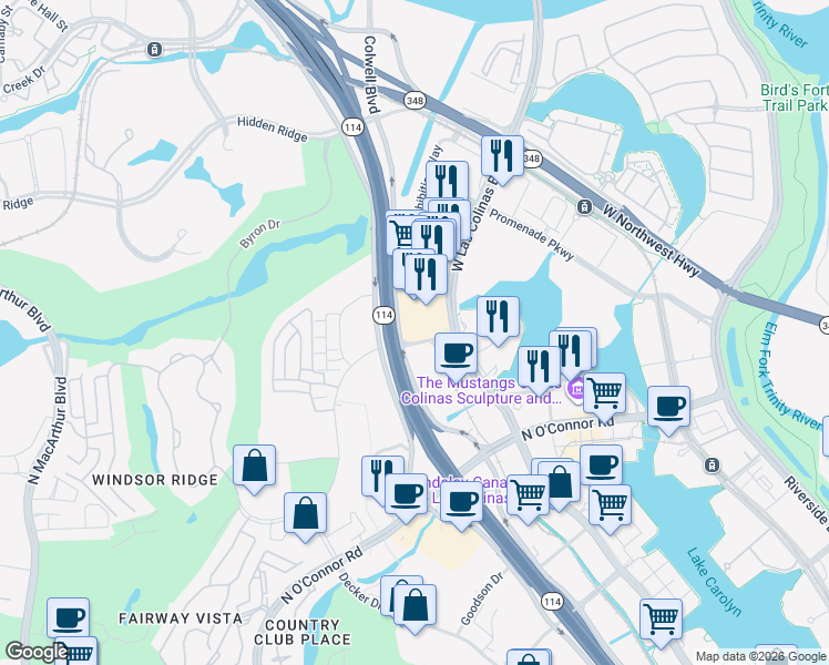 map of restaurants, bars, coffee shops, grocery stores, and more near 4831 Fuller Court in Irving