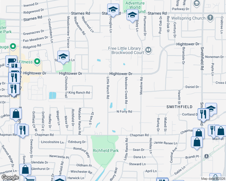 map of restaurants, bars, coffee shops, grocery stores, and more near 6825 Meadow Creek Rd in North Richland Hills