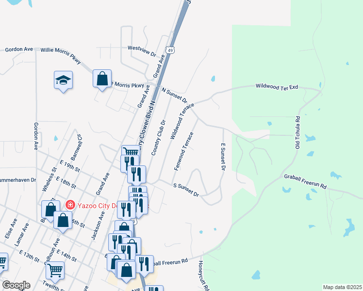 map of restaurants, bars, coffee shops, grocery stores, and more near 2019 Fenwood Terrace in Yazoo City