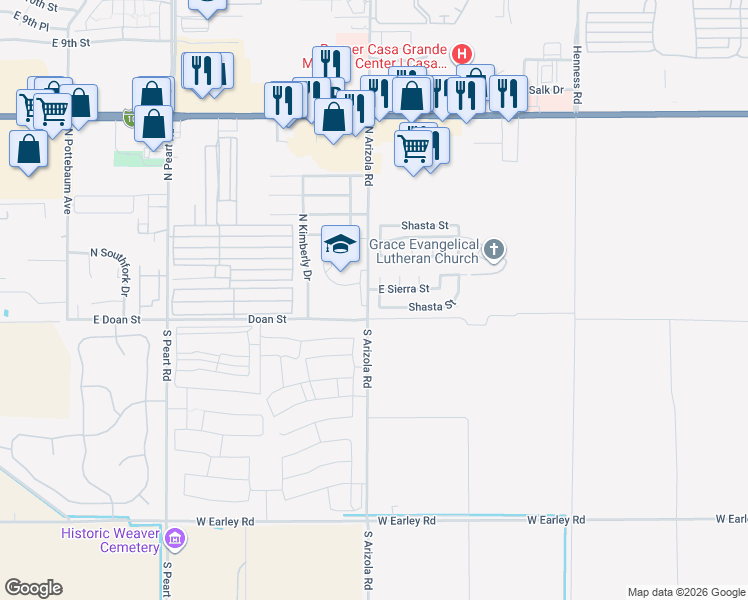 map of restaurants, bars, coffee shops, grocery stores, and more near 1713 North Shasta Circle in Casa Grande