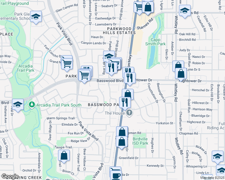 map of restaurants, bars, coffee shops, grocery stores, and more near 7313 Starwood Drive in Fort Worth