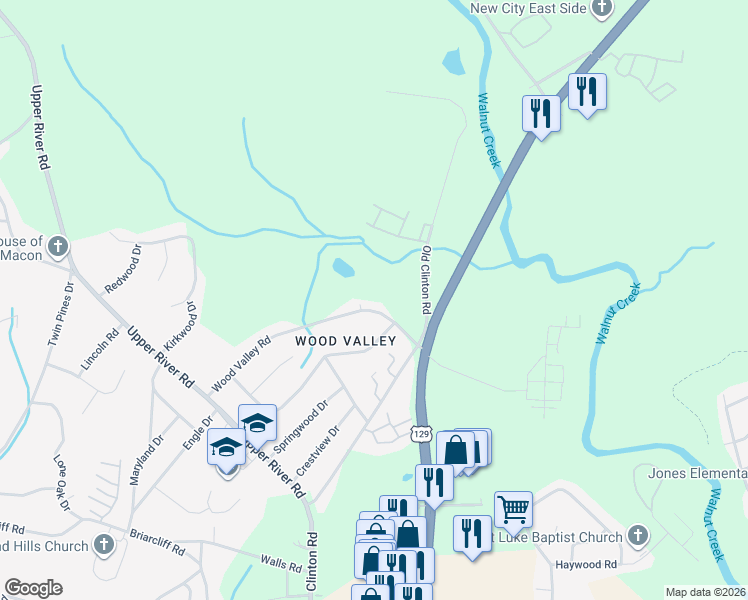 map of restaurants, bars, coffee shops, grocery stores, and more near 1972 Wood Valley Road in Macon