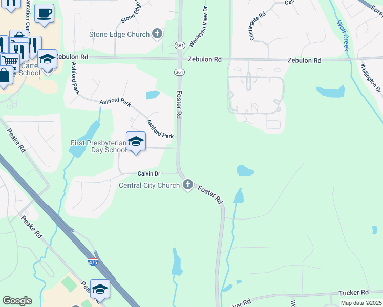 map of restaurants, bars, coffee shops, grocery stores, and more near 574 Foster Road in Macon